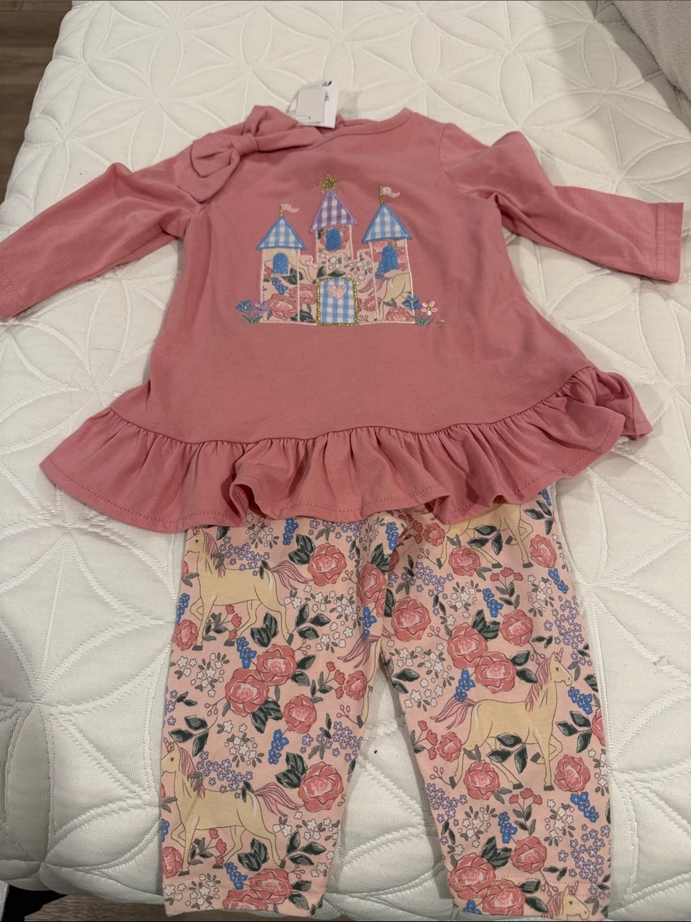 Good Lad Girls Pink Castle Top & Floral Unicorn Leggings Matching Set